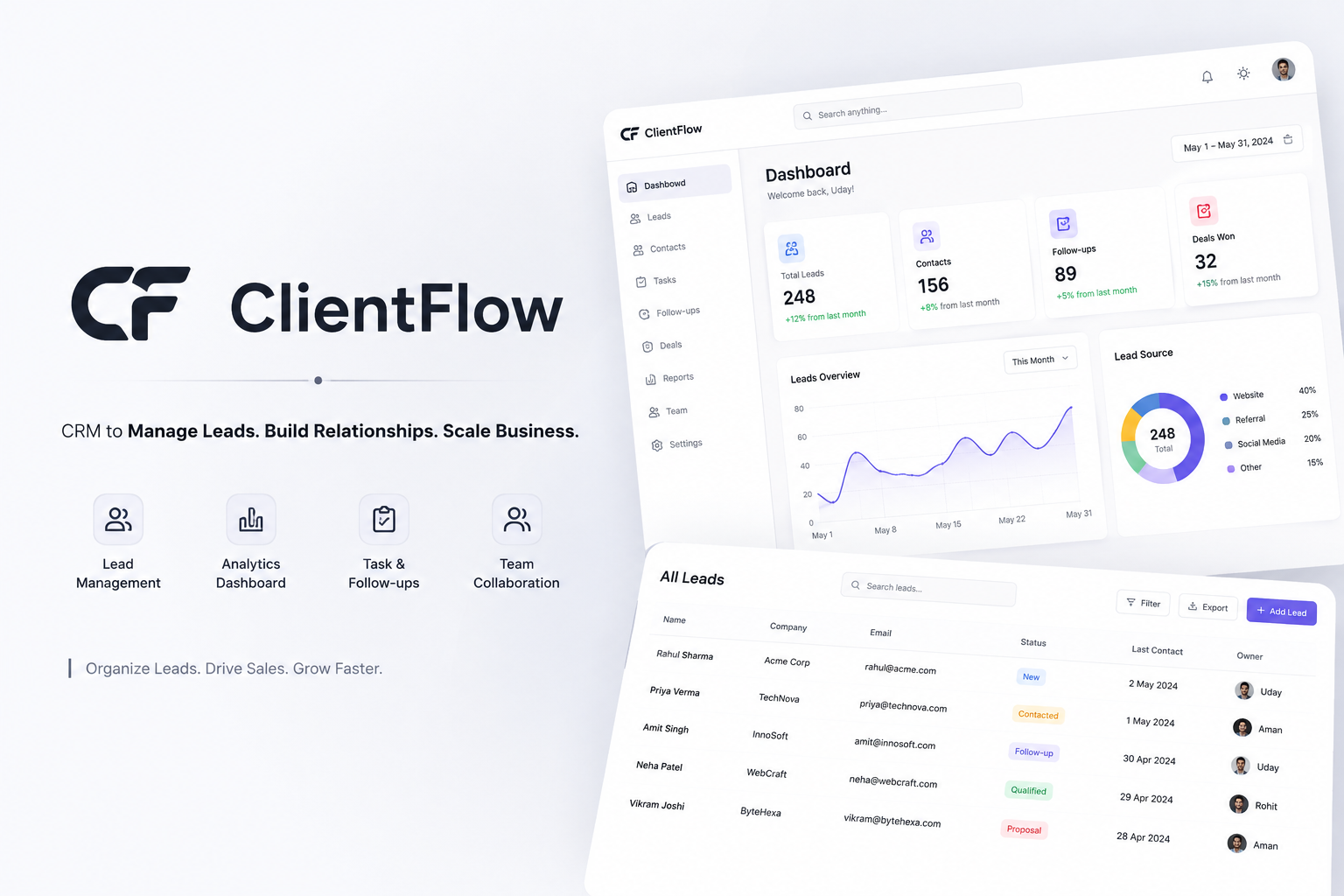 ClientFlow CRM Application Interface