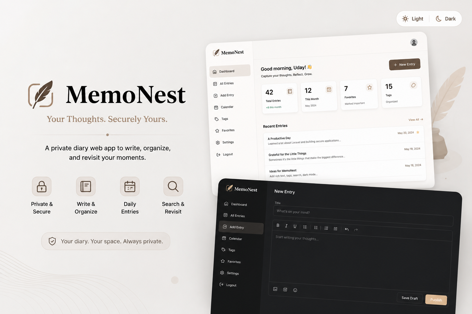 MemoNest Secure Personal Diary Interface