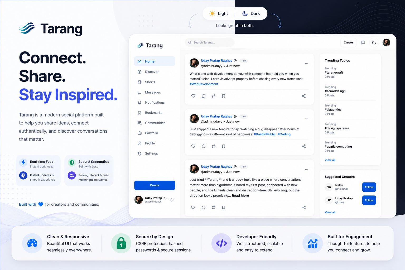 Tarang Social Media Platform Interface — Real-time Chat & Networking App
